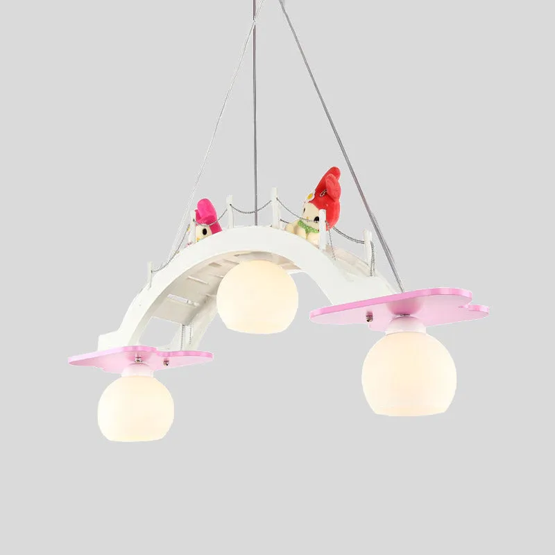 Bridge Kinderkamer hanglamp houten 3-kops hanglamp voor kinderen blauw/roze met crèmekleurige glazen kap Clearhalo