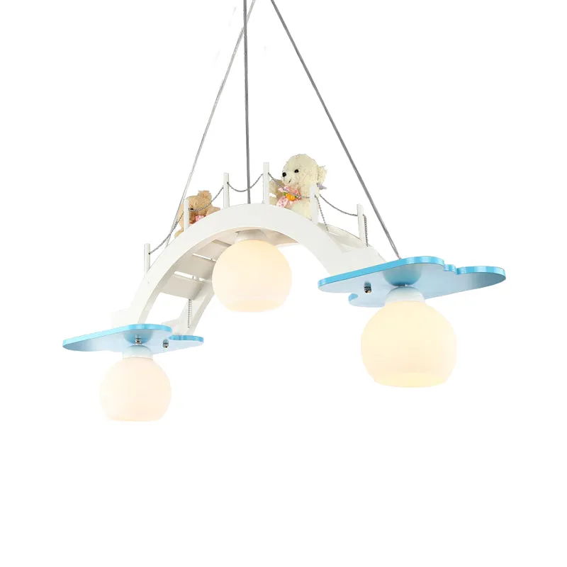 Bridge Kinderkamer hanglamp houten 3-kops hanglamp voor kinderen blauw/roze met crèmekleurige glazen kap Clearhalo
