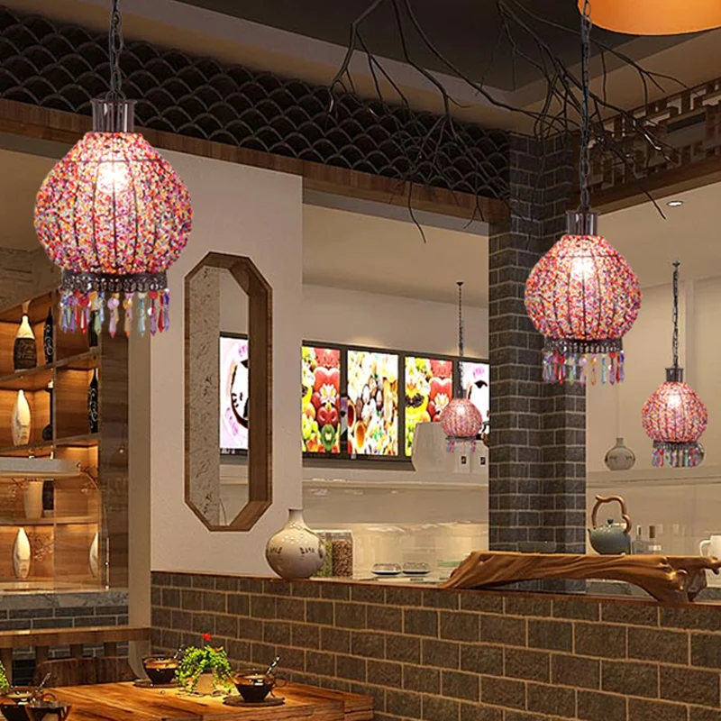 Bronzen 1-lichts hanglamp Boheemse metalen lantaarn hanglamp voor restaurant Clearhalo