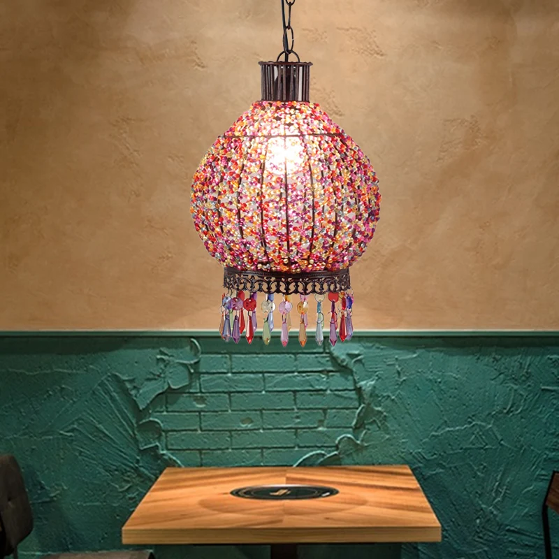 Bronzen 1-lichts hanglamp Boheemse metalen lantaarn hanglamp voor restaurant Clearhalo