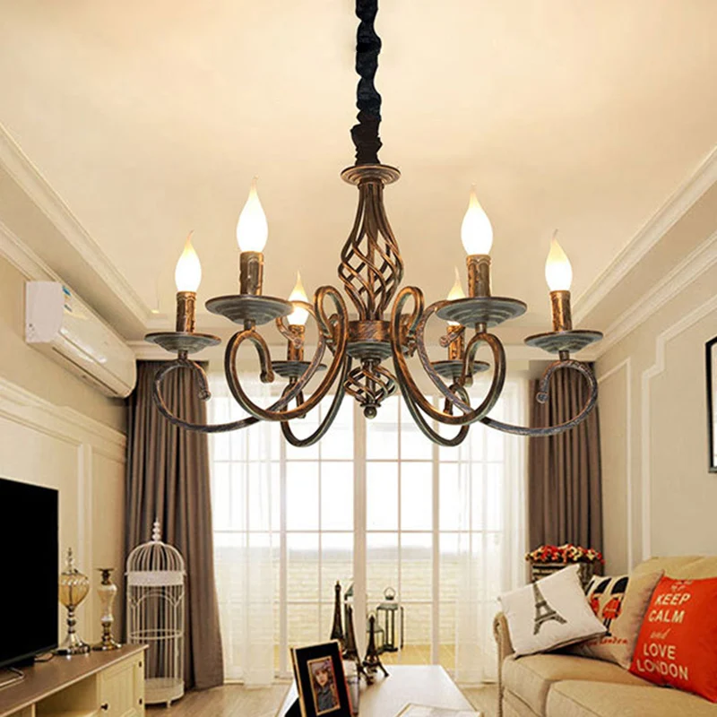 Bronzen 6-lichts hanglamp Klassieke metalen kandelaar Hangende kroonluchter voor eetkamer Clearhalo