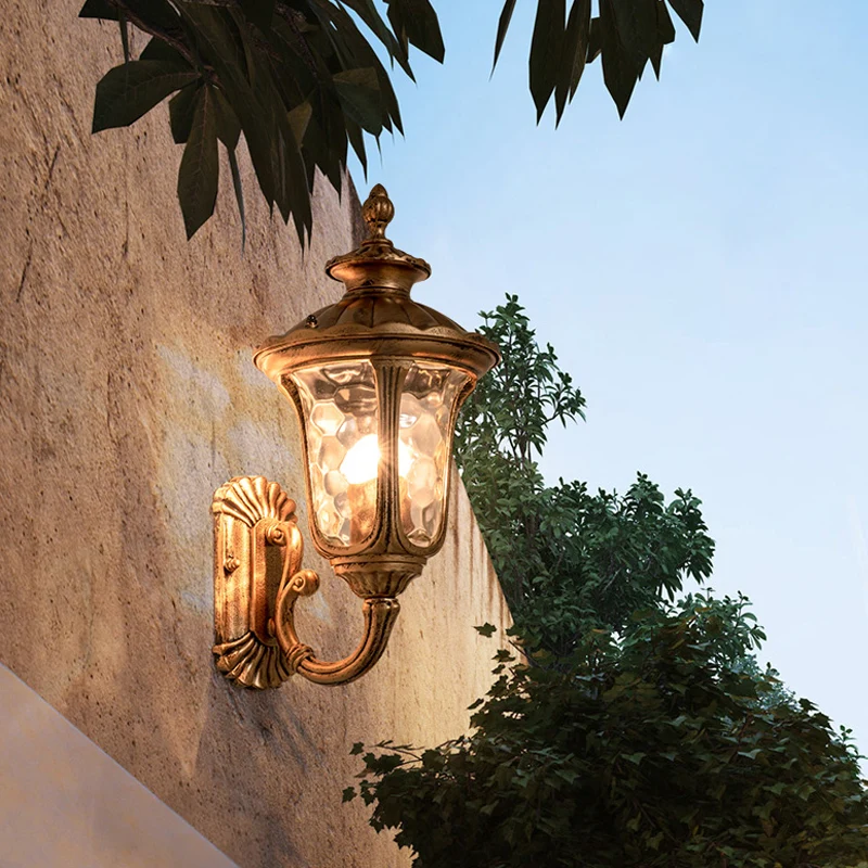 Bronzen Bell wandmontagelamp Traditionele rimpelglas 1-lichts buitenwandverlichting Clearhalo