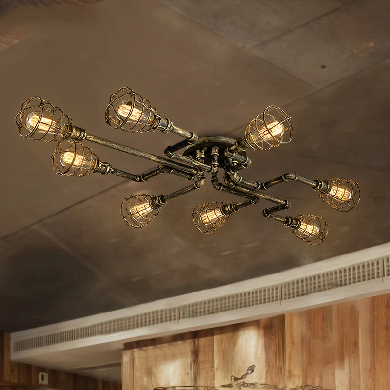 Bronzen gedraaide pijp dicht bij plafondlamp met kooikap Antieke stijl metalen 8-lichts plafondverlichting voor binnen Cle...