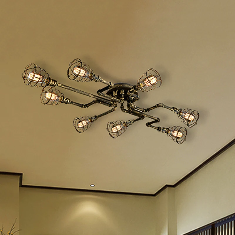 Bronzen gedraaide pijp dicht bij plafondlamp met kooikap Antieke stijl metalen 8-lichts plafondverlichting voor binnen Cle...