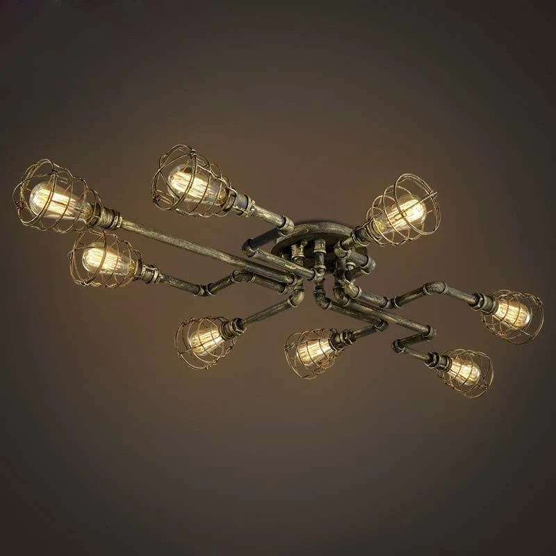 Bronzen gedraaide pijp dicht bij plafondlamp met kooikap Antieke stijl metalen 8-lichts plafondverlichting voor binnen Cle...