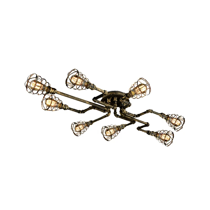 Bronzen gedraaide pijp dicht bij plafondlamp met kooikap Antieke stijl metalen 8-lichts plafondverlichting voor binnen Cle...