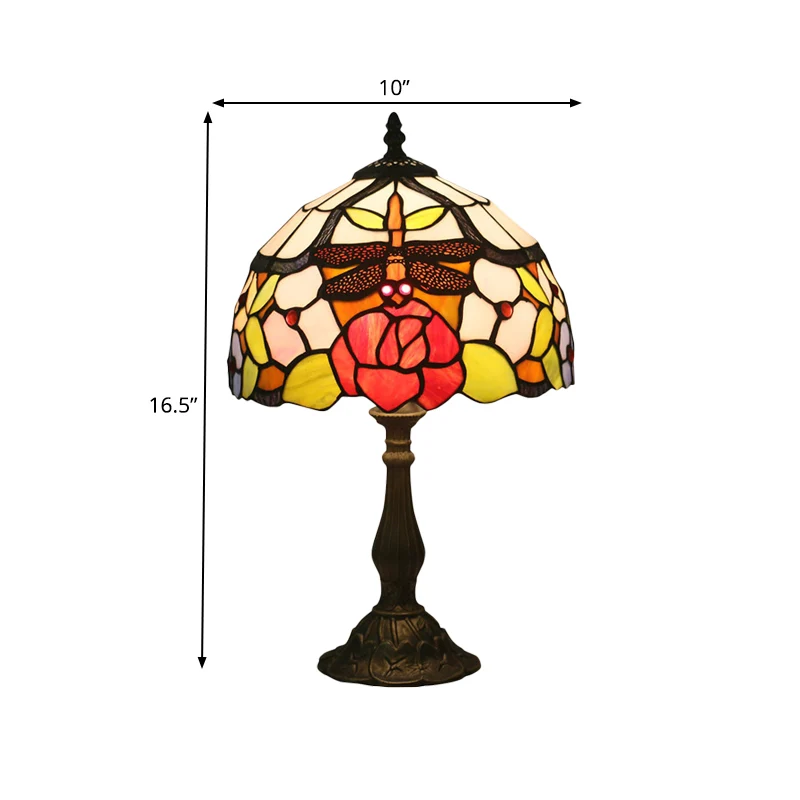 Bronzen koepelvormige Task Lighting Mediterrane 1-lichts glas--lood tafellamp met rozen- en libellenpatroon Clearhalo