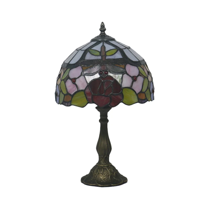 Bronzen koepelvormige Task Lighting Mediterrane 1-lichts glas--lood tafellamp met rozen- en libellenpatroon Clearhalo