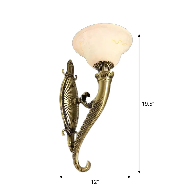 Bronzen Scroll Arm Wandlamp Traditioneel Metaal 1 Lamp Keuken Wandmontage Licht met Bell Wit Glazen Kap Clearhalo