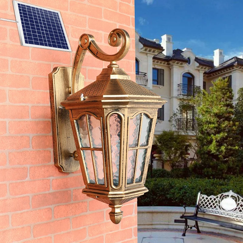 Bronzen taps toelopende buitenmuurlantaarn Antiek gegolfd glas Patio Solar LED-wandlamp Clearhalo