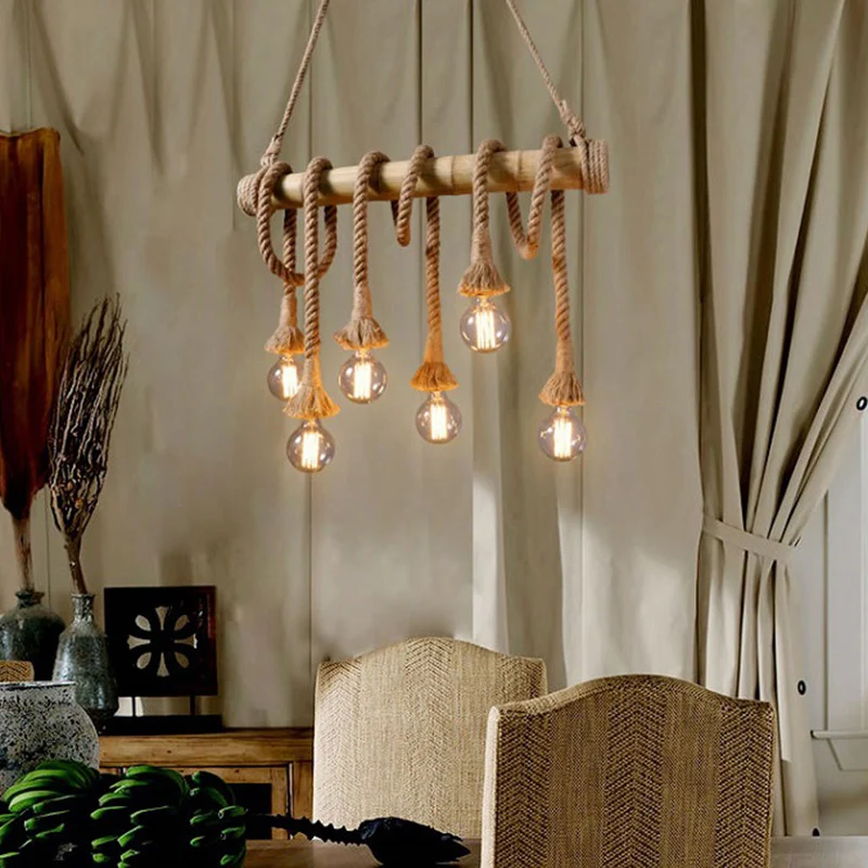 Brown Island hanglamp rustiek touw open lamp hanglampset met bamboe paal Clearhalo