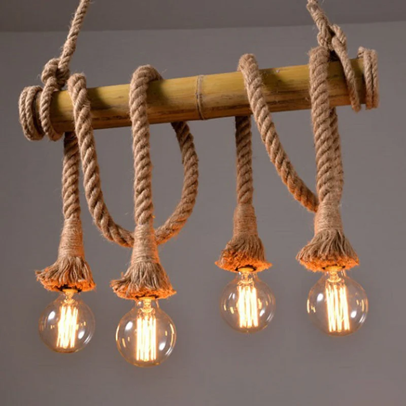 Brown Island hanglamp rustiek touw open lamp hanglampset met bamboe paal Clearhalo