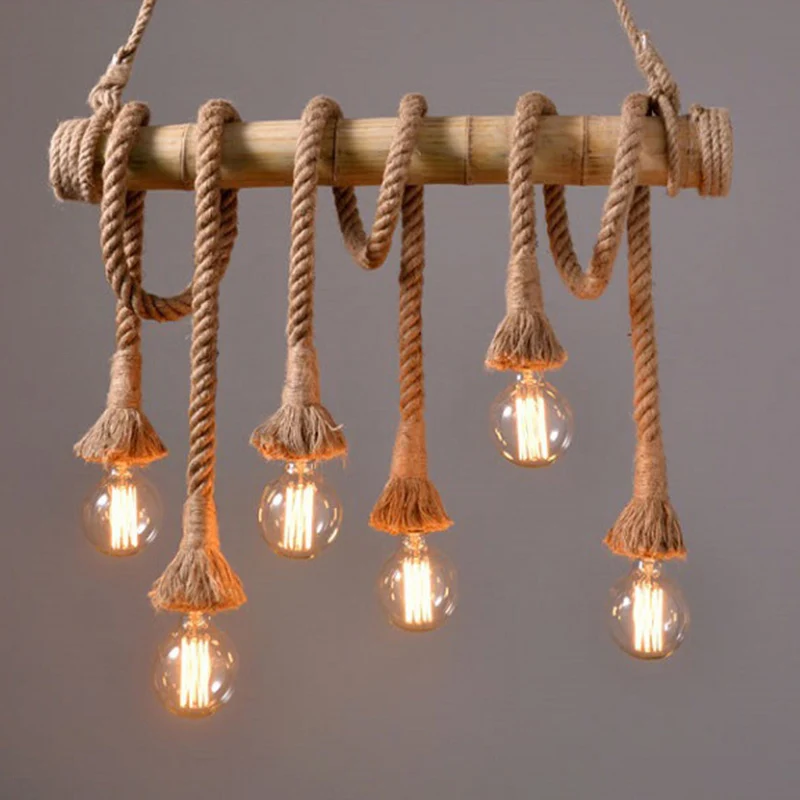 Brown Island hanglamp rustiek touw open lamp hanglampset met bamboe paal Clearhalo