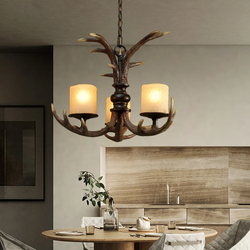 Bruin 3/5 Lampen Plafond Kroonluchter Rustiek Wit Matglas Cilindrische Hangende Hanglamp met Gewei Hars Decoratie Clearhalo