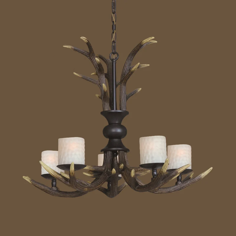 Bruin 3/5 Lampen Plafond Kroonluchter Rustiek Wit Matglas Cilindrische Hangende Hanglamp met Gewei Hars Decoratie Clearhalo