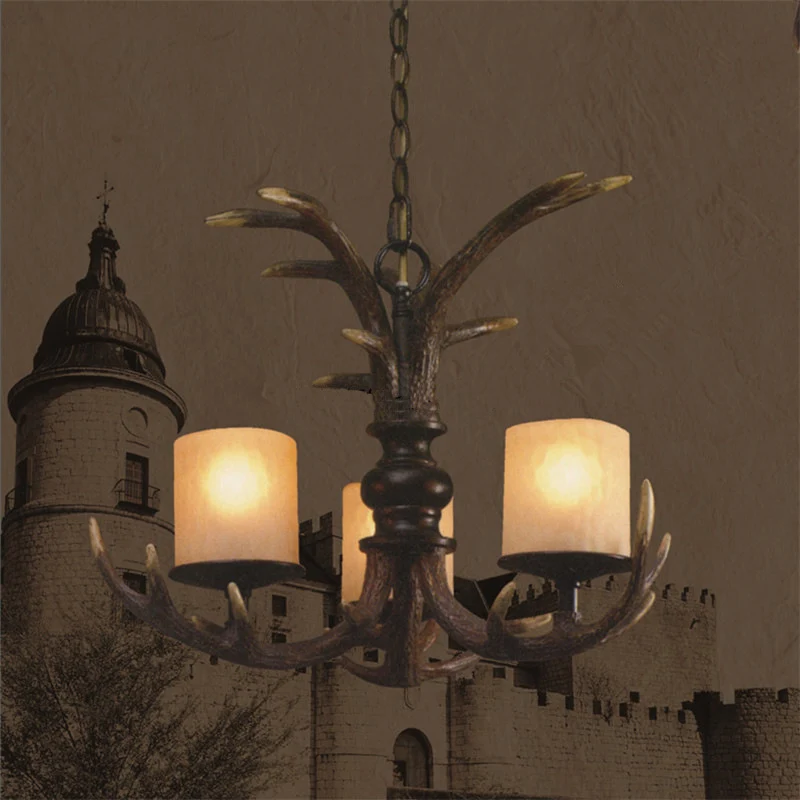 Bruin 3/5 Lampen Plafond Kroonluchter Rustiek Wit Matglas Cilindrische Hangende Hanglamp met Gewei Hars Decoratie Clearhalo