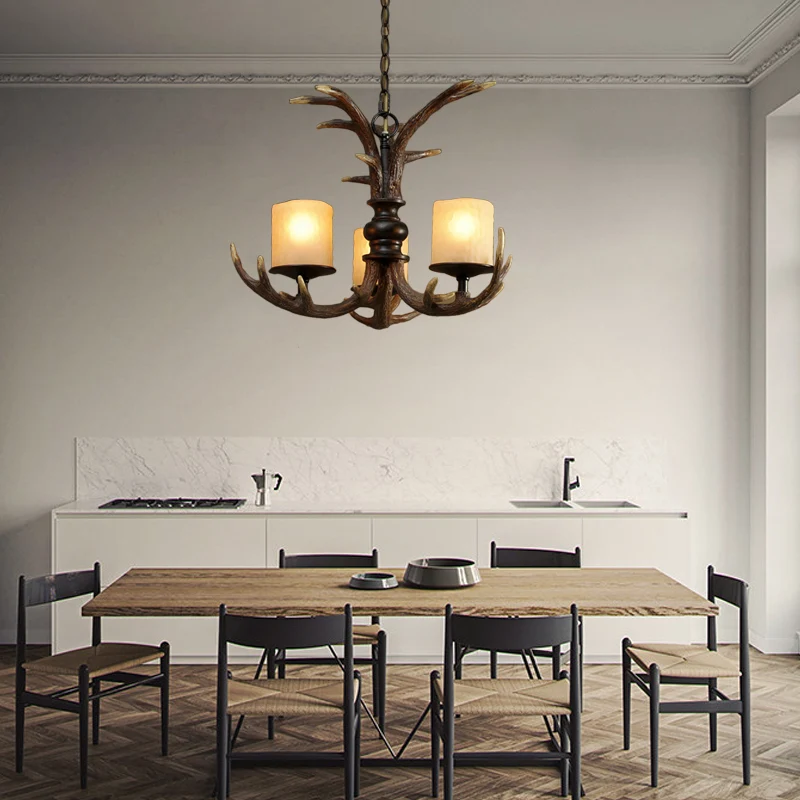 Bruin 3/5 Lampen Plafond Kroonluchter Rustiek Wit Matglas Cilindrische Hangende Hanglamp met Gewei Hars Decoratie Clearhalo