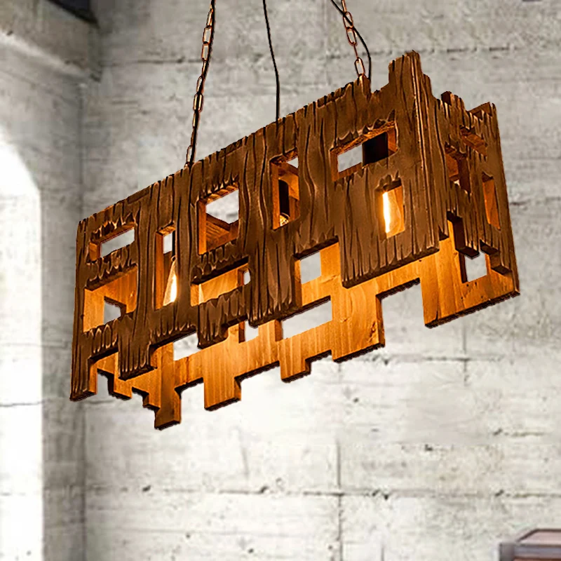 Bruin rechthoekig hangend armatuur antiek geëtst hout 1/2/3-licht eetkamer hangend plafondlicht Clearhalo