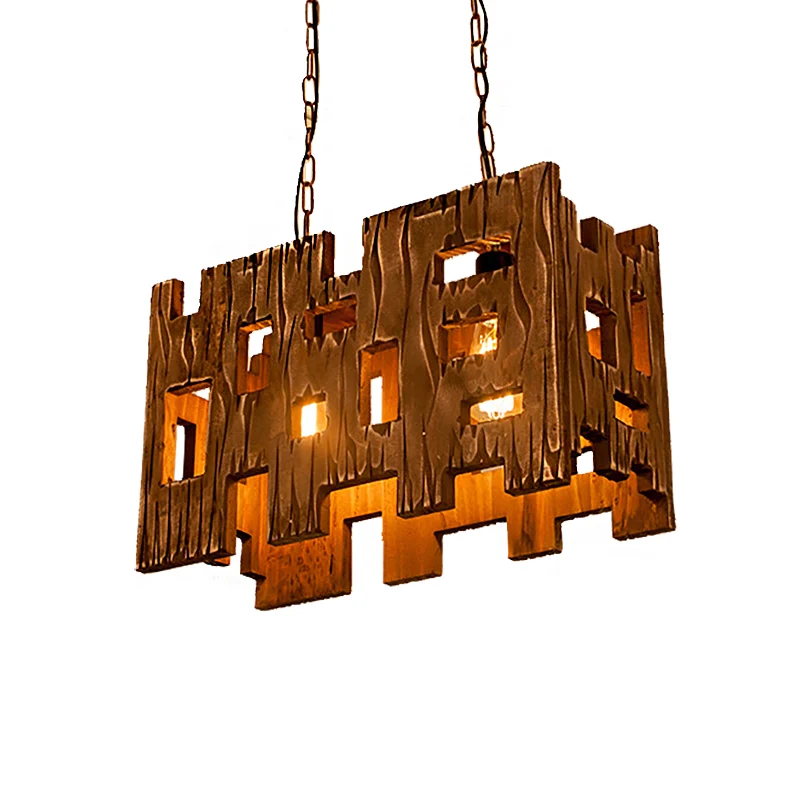 Bruin rechthoekig hangend armatuur antiek geëtst hout 1/2/3-licht eetkamer hangend plafondlicht Clearhalo