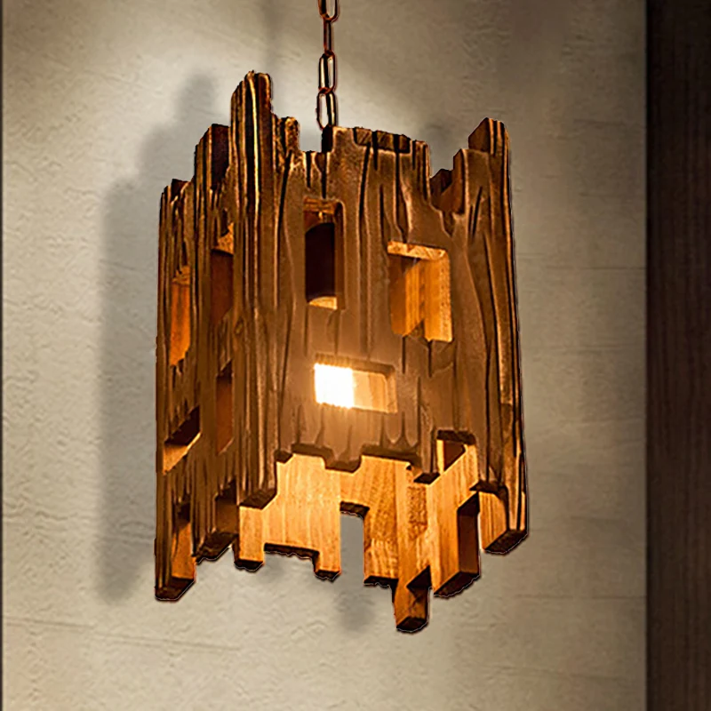 Bruin rechthoekig hangend armatuur antiek geëtst hout 1/2/3-licht eetkamer hangend plafondlicht Clearhalo