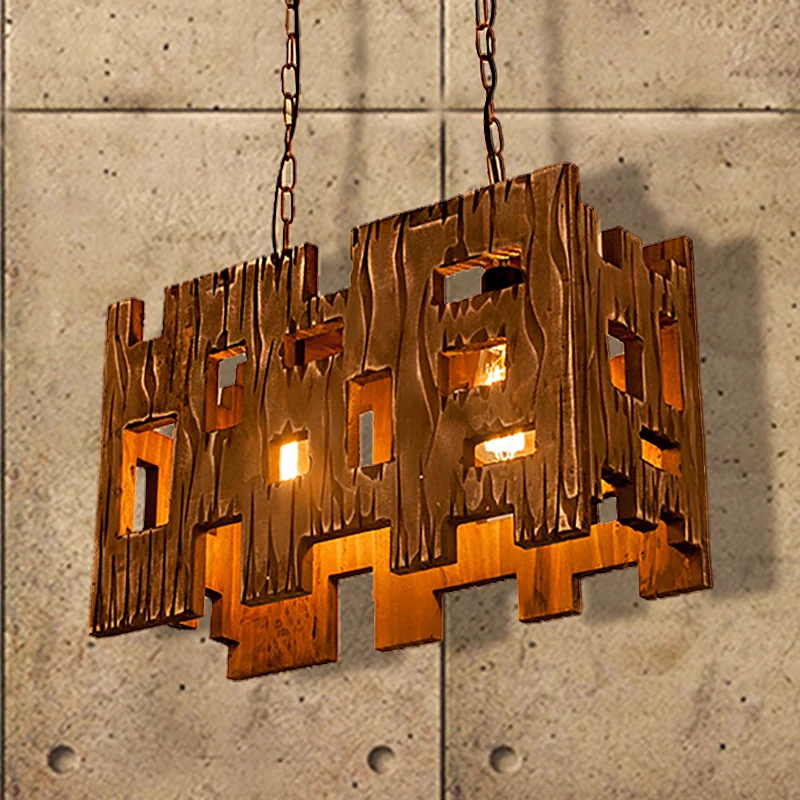 Bruin rechthoekig hangend armatuur antiek geëtst hout 1/2/3-licht eetkamer hangend plafondlicht Clearhalo