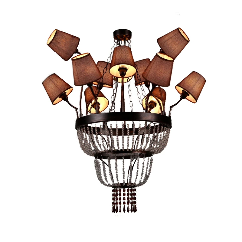 Bruine 12-lichts kroonluchterlamp landkristal ronde hanglamp voor eetkamer met stoffen kap Clearhalo