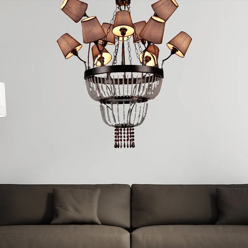 Bruine 12-lichts kroonluchterlamp landkristal ronde hanglamp voor eetkamer met stoffen kap Clearhalo