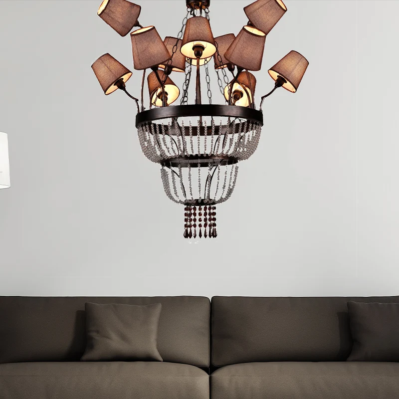 Bruine 12-lichts kroonluchterlamp landkristal ronde hanglamp voor eetkamer met stoffen kap Clearhalo