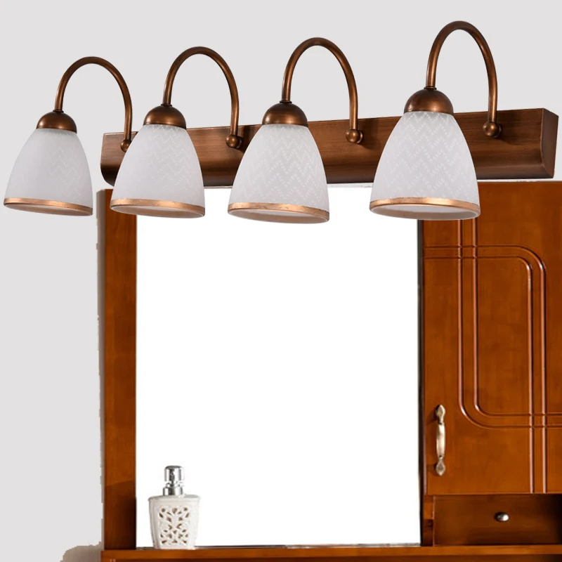 Bruine 4-koppige make-uplamp Traditionele witte glazen klokvormige wandmontagelamp met print Clearhalo