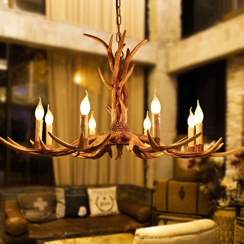 Bruine 8-koppige gewei hanglamp Lodge hars kale lamp design plafondkroonluchter Clearhalo