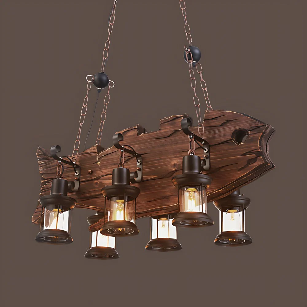 Bruine Caged Island hanglamp rustiek helder glas 6-lamps eetkamer hangende verlichting met houten visontwerp Clearhalo