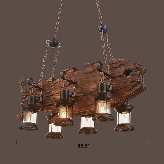 Bruine Caged Island hanglamp rustiek helder glas 6-lamps eetkamer hangende verlichting met houten visontwerp Clearhalo