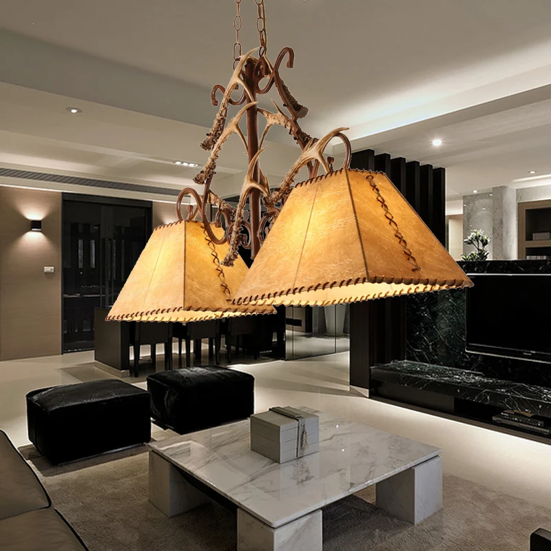 Bruine eilandkroonluchter met 2 koppen, traditionele stoffen trapeziumvormige hanglamp voor woonkamer Clearhalo