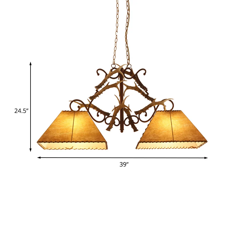Bruine eilandkroonluchter met 2 koppen, traditionele stoffen trapeziumvormige hanglamp voor woonkamer Clearhalo