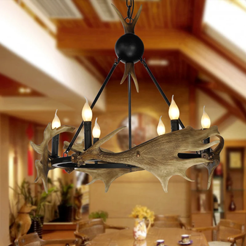 Bruine faux gewei hanger kroonluchter rustieke hars 6/8 hoofden slaapkamer hangend plafondlicht Clearhalo