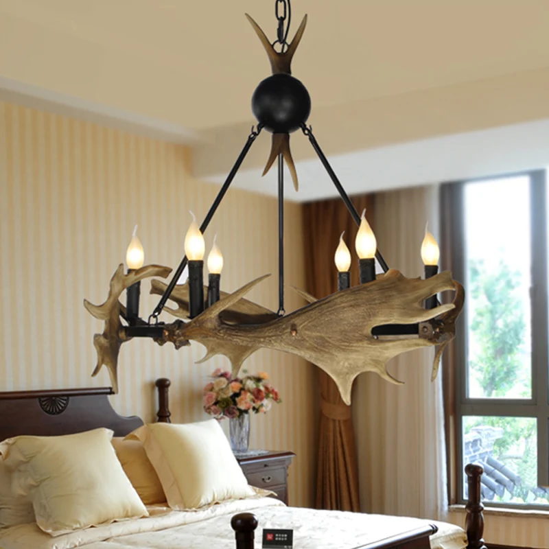 Bruine faux gewei hanger kroonluchter rustieke hars 6/8 hoofden slaapkamer hangend plafondlicht Clearhalo