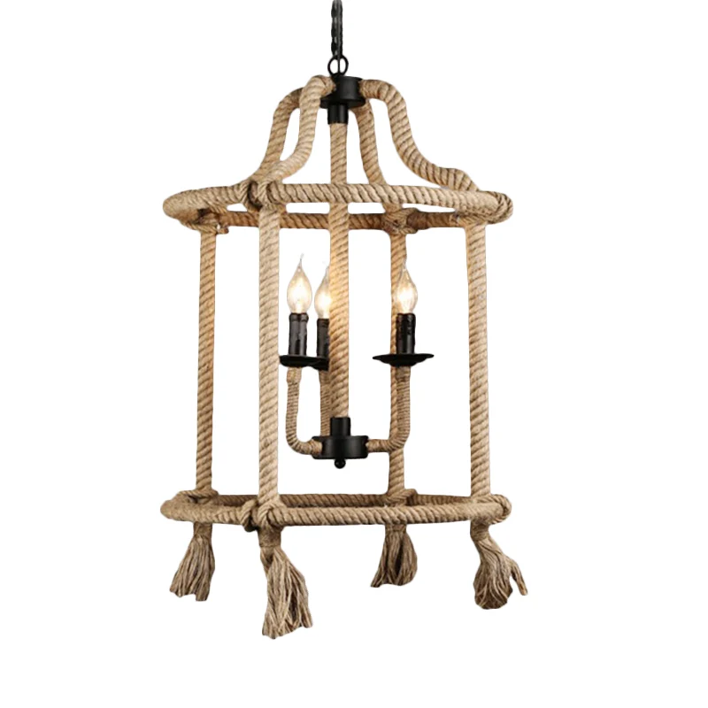 Bruine geometrische plafondlamp met kooischaduw, henneptouw retrostijl, 3 lampen, eetkamer kroonluchterverlichting Clearhalo