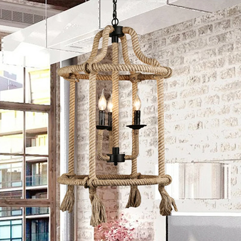 Bruine geometrische plafondlamp met kooischaduw, henneptouw retrostijl, 3 lampen, eetkamer kroonluchterverlichting Clearhalo