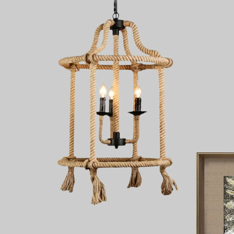 Bruine geometrische plafondlamp met kooischaduw, henneptouw retrostijl, 3 lampen, eetkamer kroonluchterverlichting Clearhalo