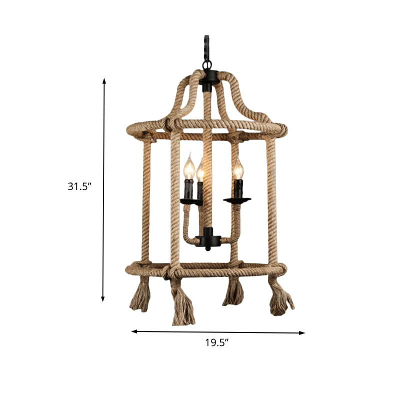 Bruine geometrische plafondlamp met kooischaduw, henneptouw retrostijl, 3 lampen, eetkamer kroonluchterverlichting Clearhalo