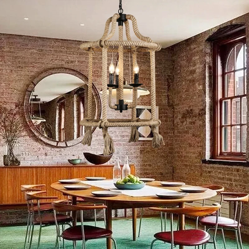 Bruine geometrische plafondlamp met kooischaduw, henneptouw retrostijl, 3 lampen, eetkamer kroonluchterverlichting Clearhalo