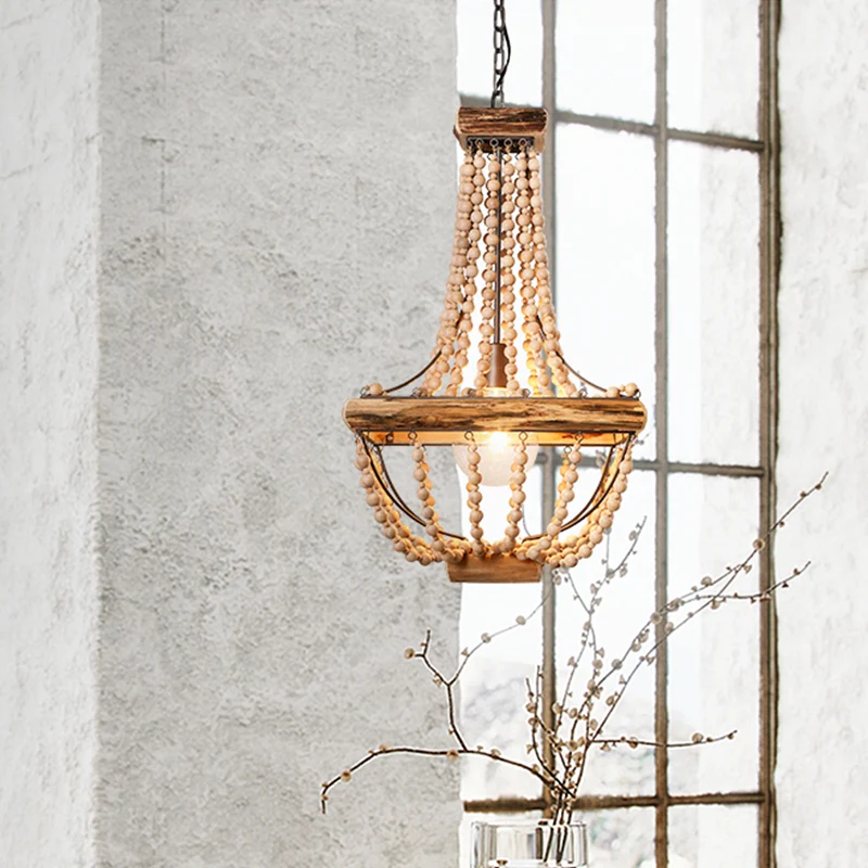 Bruine hanglamp met houten kralen en 1 licht Traditioneel hangend verlichtingsarmatuur Clearhalo