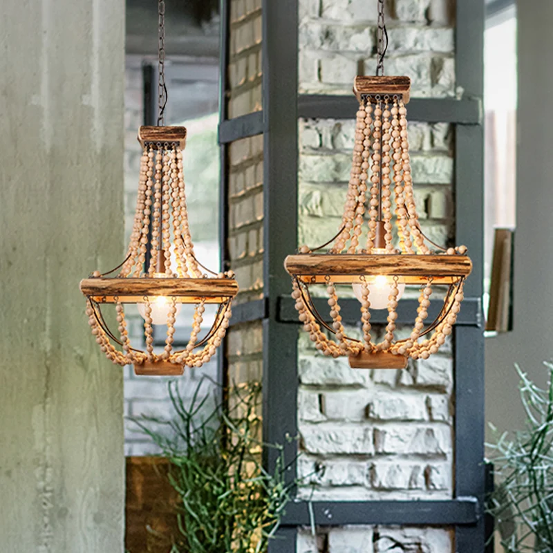 Bruine hanglamp met houten kralen en 1 licht Traditioneel hangend verlichtingsarmatuur Clearhalo
