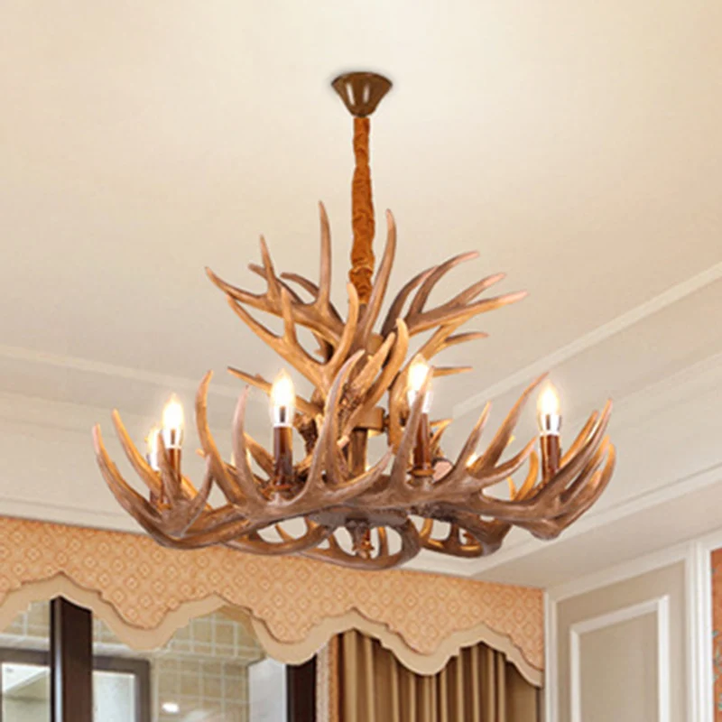 Bruine hertenhoorn plafondverlichting Traditionele hars woonkamer kroonluchter lichtarmatuur Clearhalo