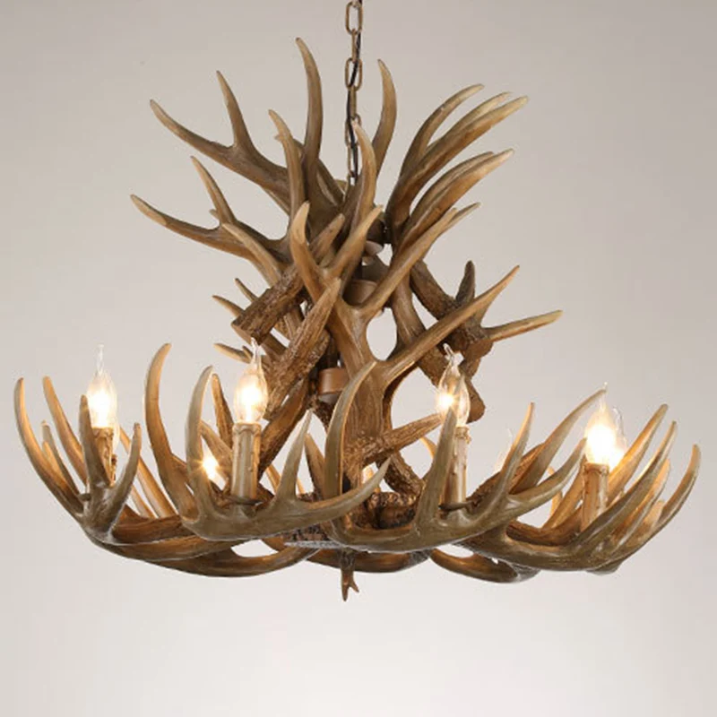 Bruine hertenhoorn plafondverlichting Traditionele hars woonkamer kroonluchter lichtarmatuur Clearhalo