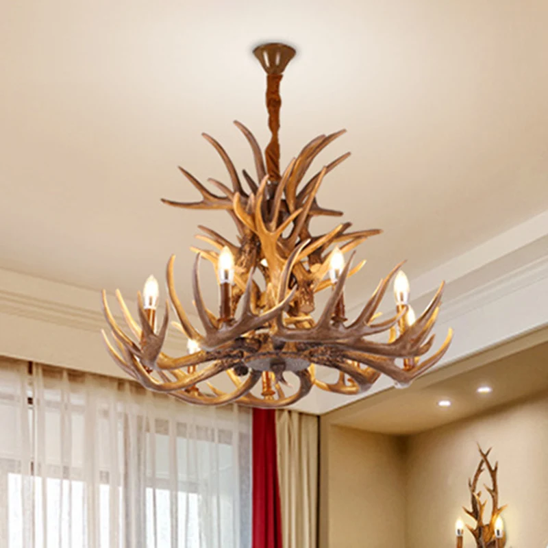 Bruine hertenhoorn plafondverlichting Traditionele hars woonkamer kroonluchter lichtarmatuur Clearhalo