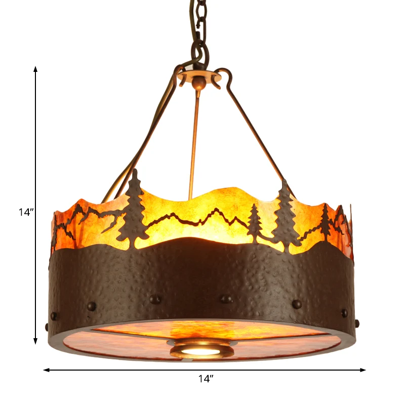 Bruine kroonluchter met 3 lampen Rustieke metalen trommelhanglamp met bomenpatroon Clearhalo