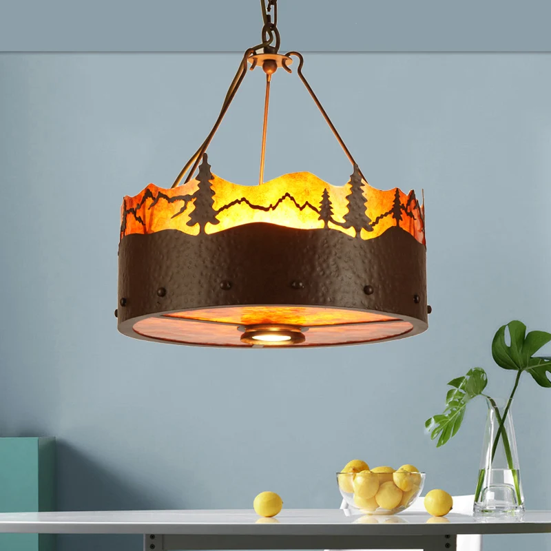 Bruine kroonluchter met 3 lampen Rustieke metalen trommelhanglamp met bomenpatroon Clearhalo