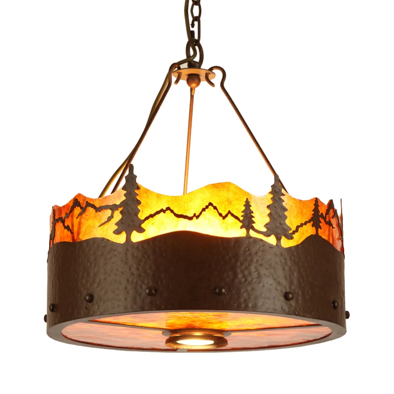 Bruine kroonluchter met 3 lampen Rustieke metalen trommelhanglamp met bomenpatroon Clearhalo