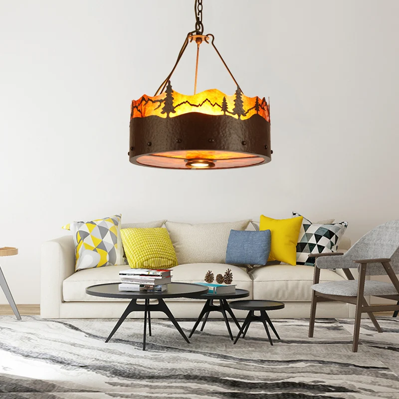 Bruine kroonluchter met 3 lampen Rustieke metalen trommelhanglamp met bomenpatroon Clearhalo
